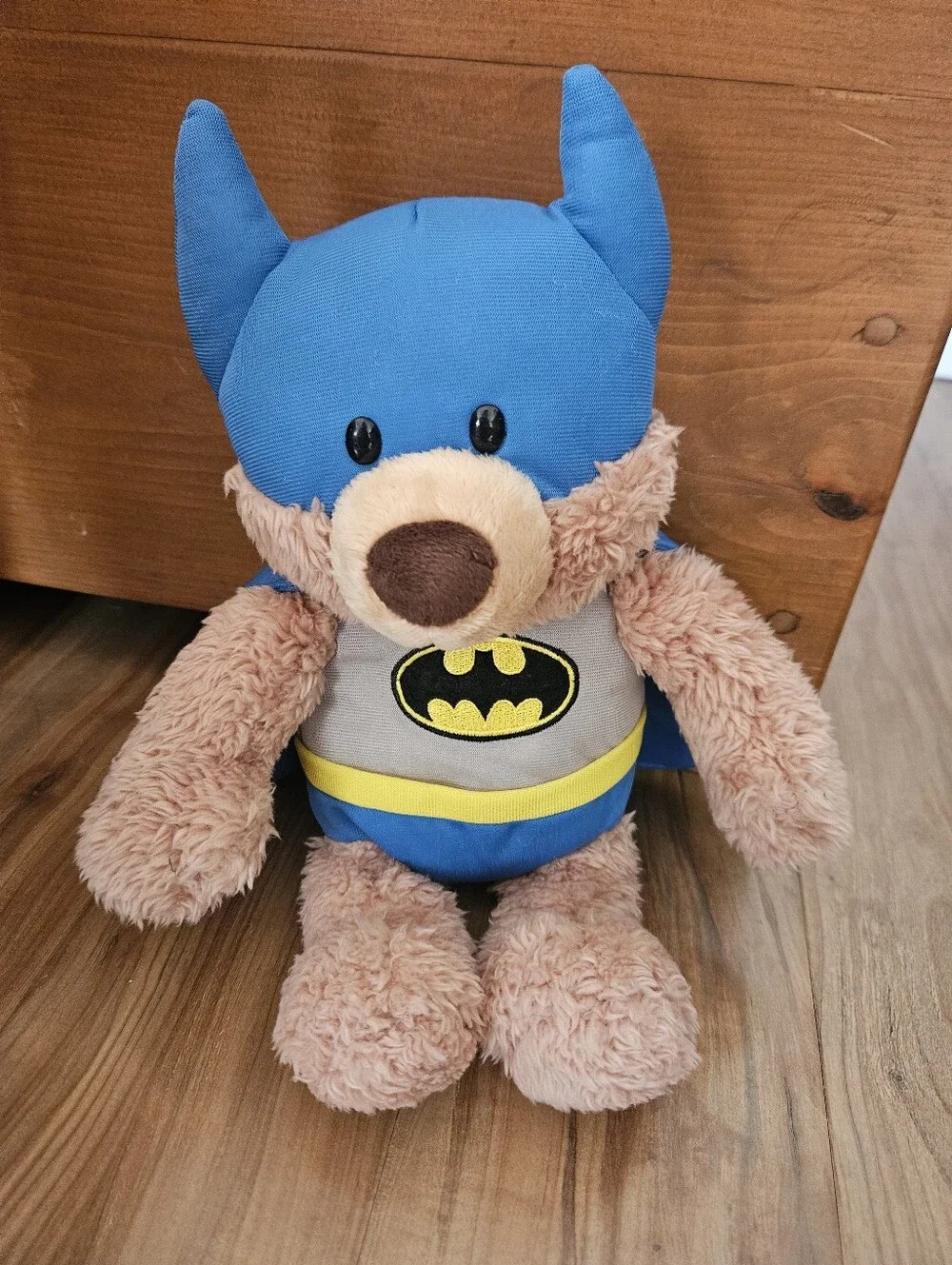 Blue Superhero Batman Plush Bear Toy with Bat Emblem